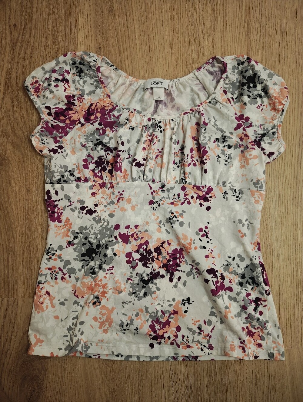 LOFT White Floral Short-Sleeve Ruffle-Yoke Top with Purple and Peach Accents